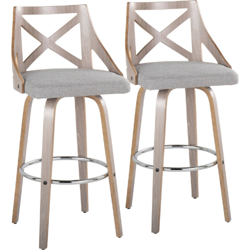 Charlotte 30" Swivel Bar Stool in Light Grey Wood & Grey Fabric with Chrome Footrest (Set of 2)